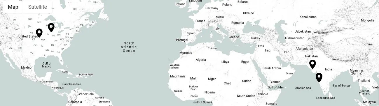 Esteem Industries manufacturing locations map showing facilities in Goa, Maharashtra, Gujarat, India and the USA - Esteem Industries