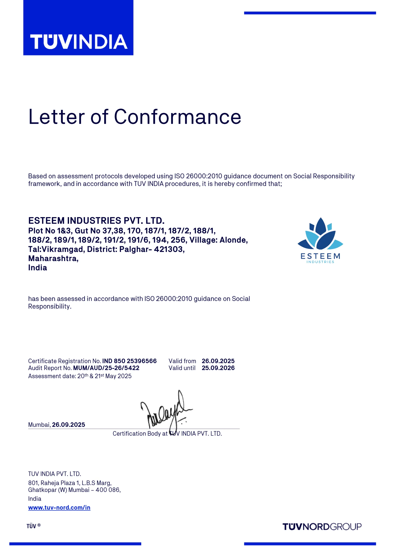 ISO 26000 Social Responsibility certification - Esteem Industries