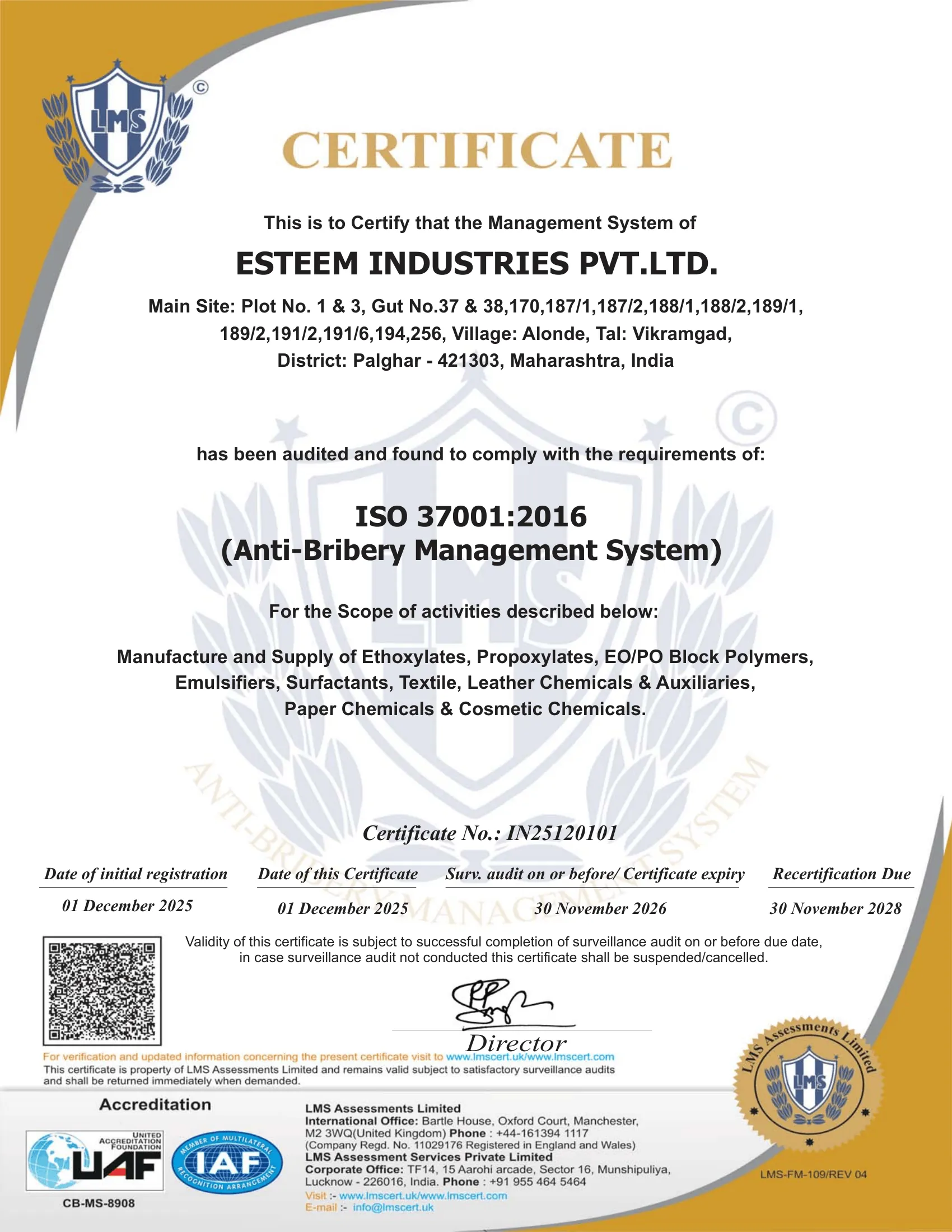 ISO 37001 Anti-bribery management system certification - Esteem Industries