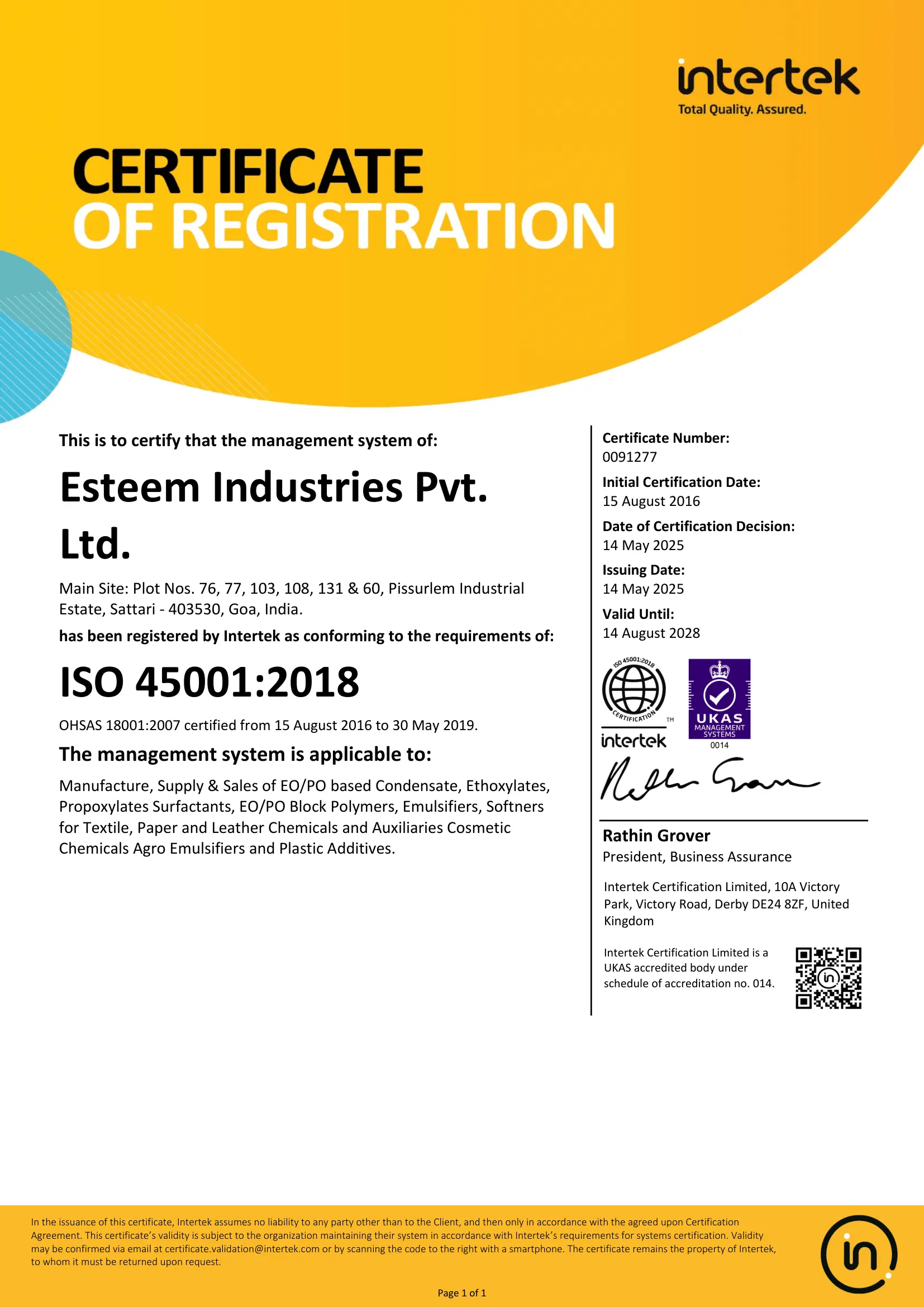 ISO 45001 Occupational Health and Safety Management certification - Esteem Industries