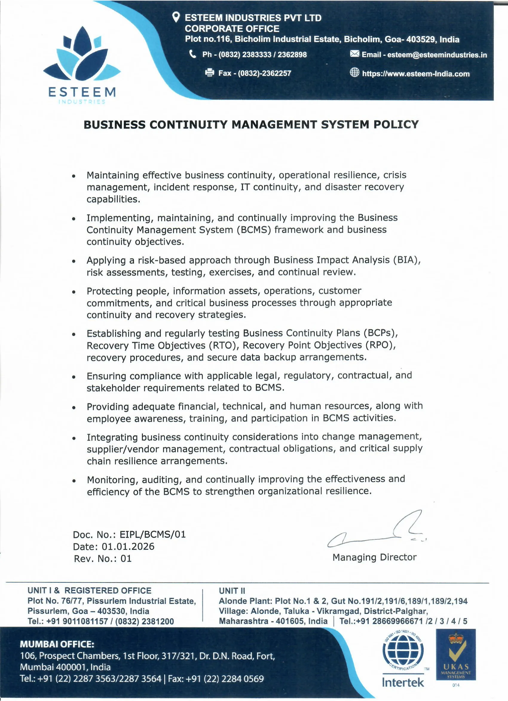 Business Continuity Management System - Esteem Industries