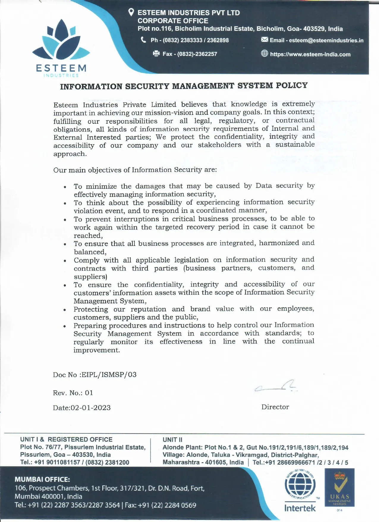 Information Security Management System policy - Esteem Industries