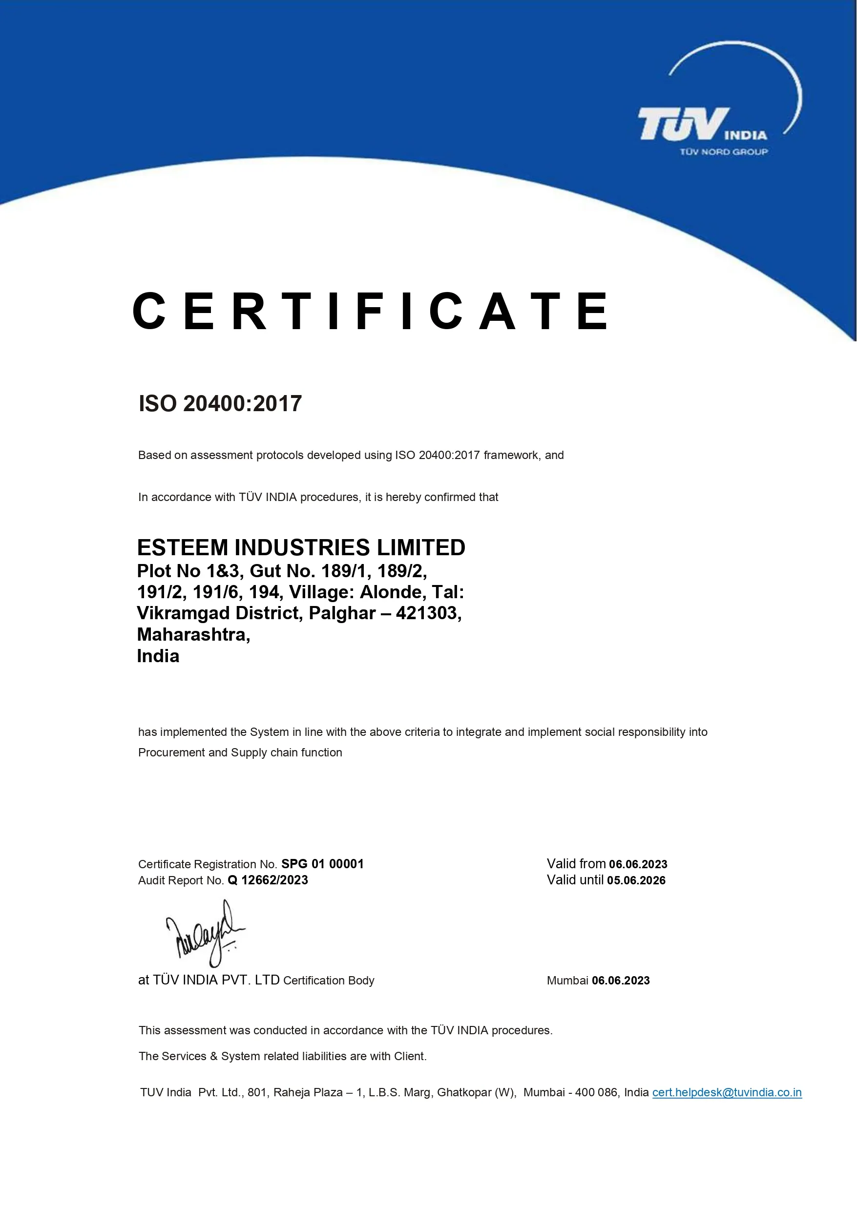 ISO 20400 Sustainable Procurement certification - Esteem Industries