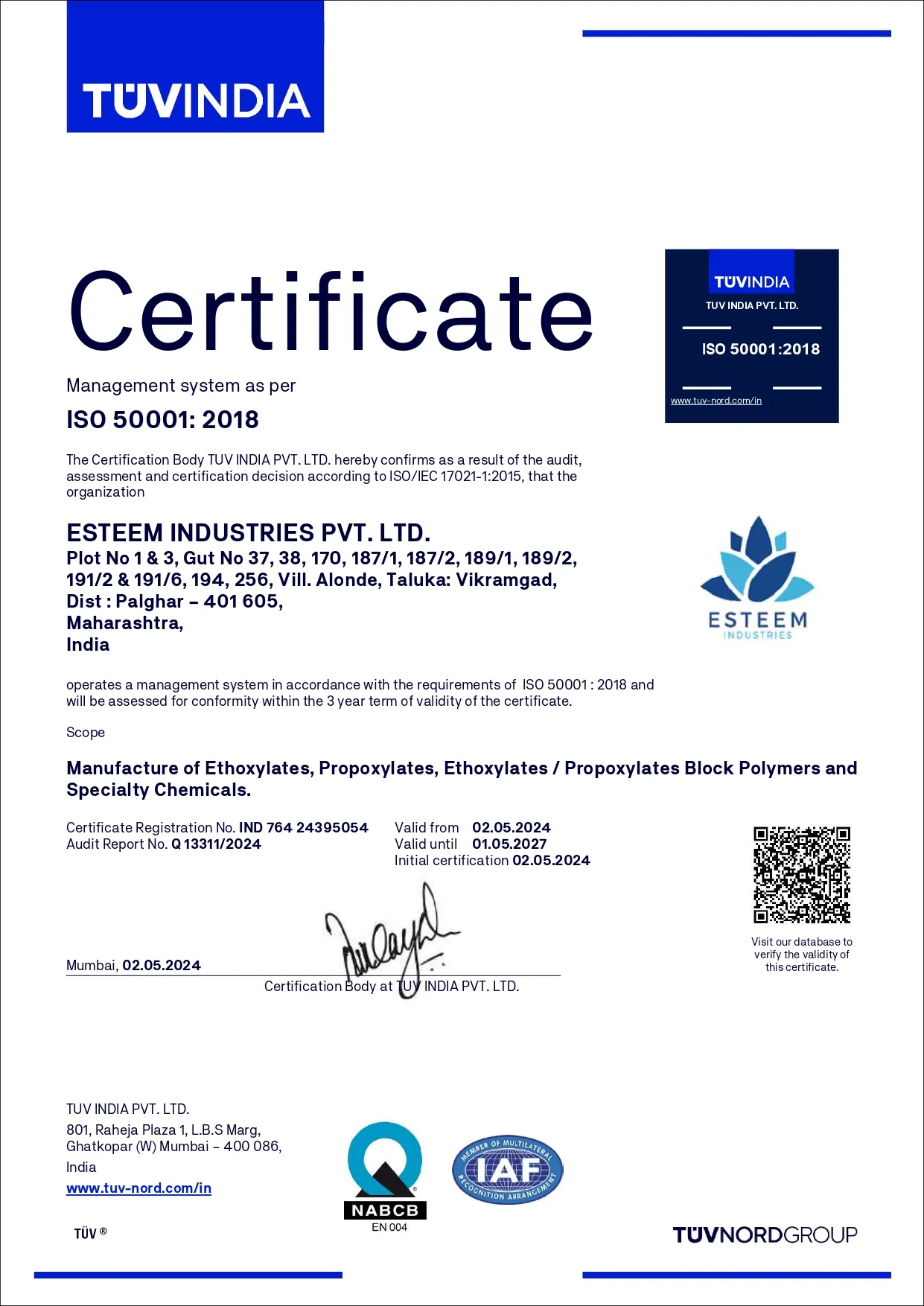 ISO 50001 Energy Management System certification - Esteem Industries